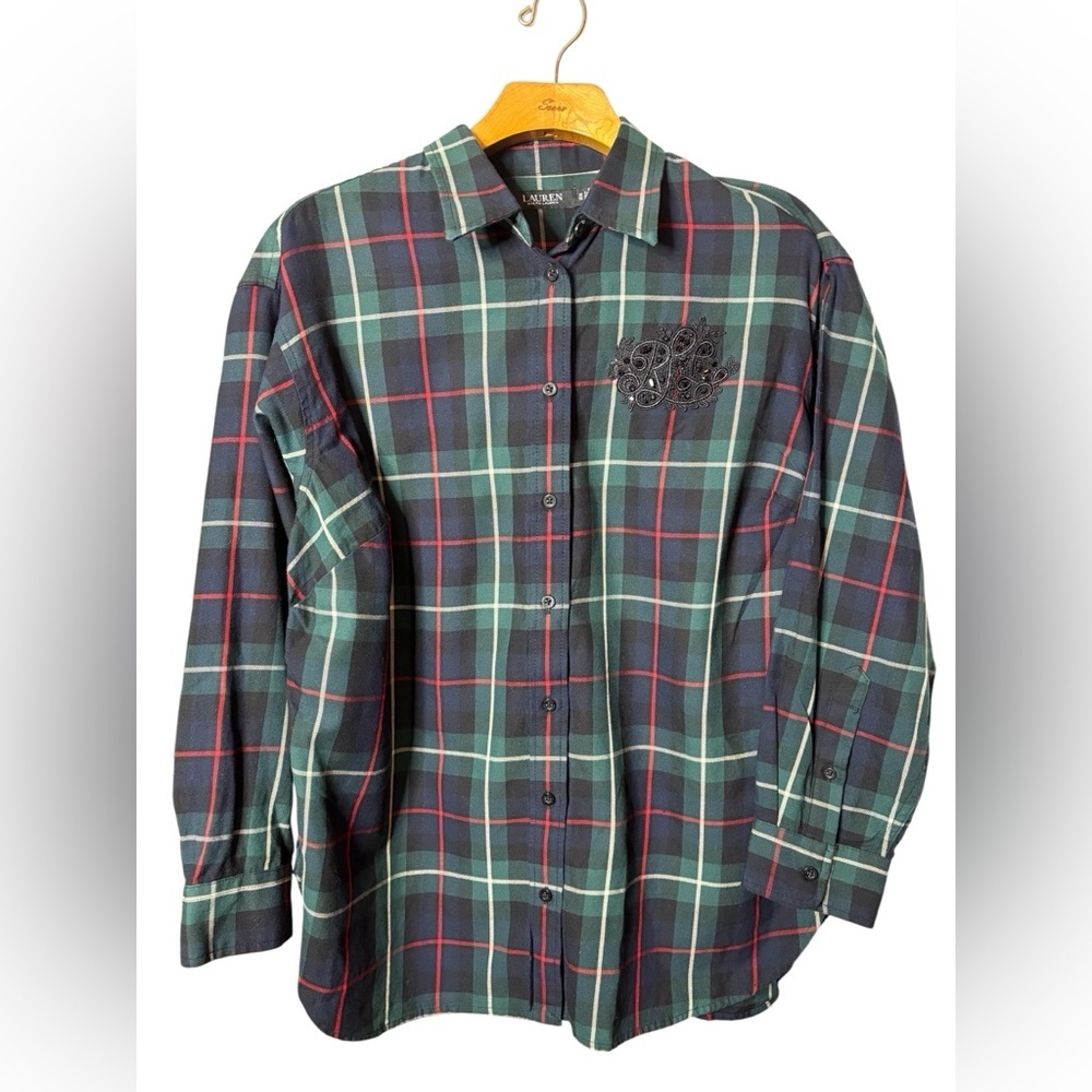 Lauren Ralph Lauren Women’s Plaid Button Up Top Sz 1X Black Green Preppy Country